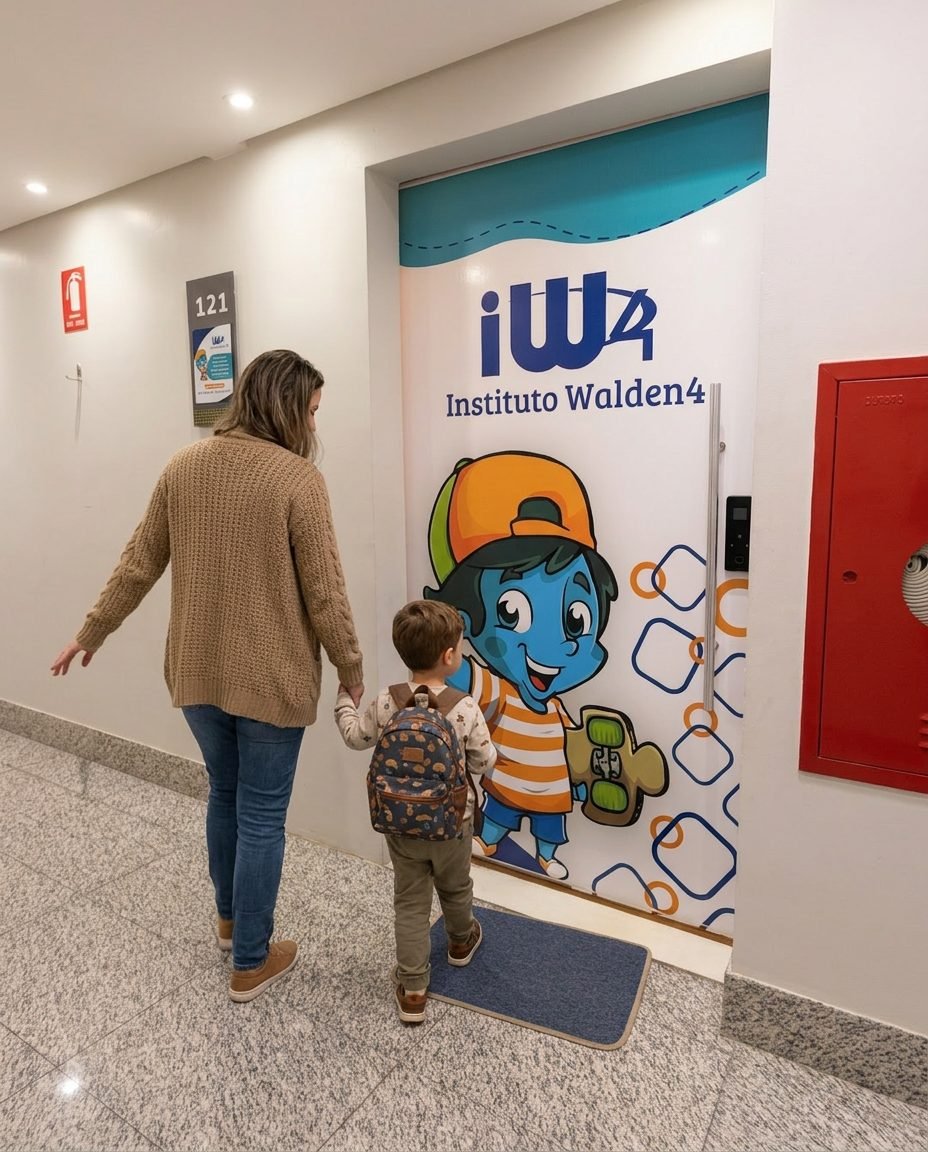 Entrada do Instituto Walden4 com mãe e filho chegando